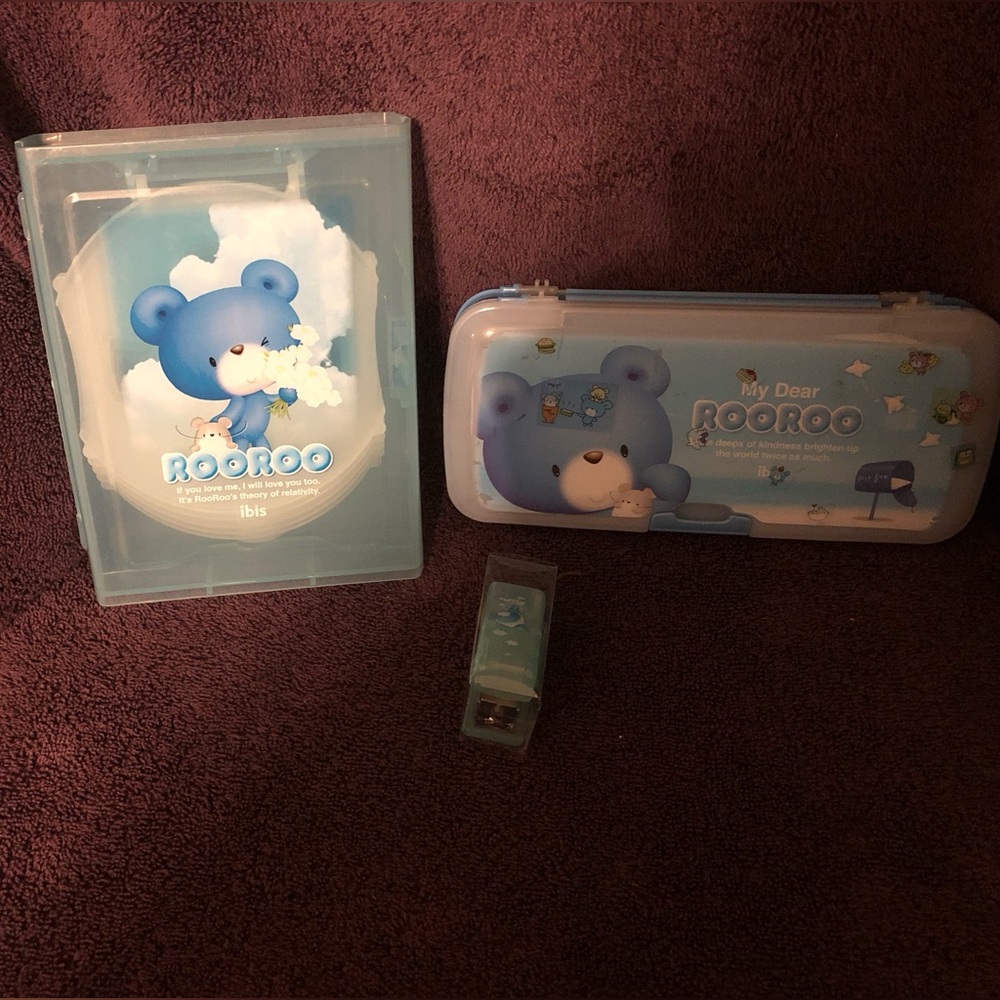 Ibis RooRoo Bear Pencil Case Planner CD Case Pencil & Stapler 4 Pc